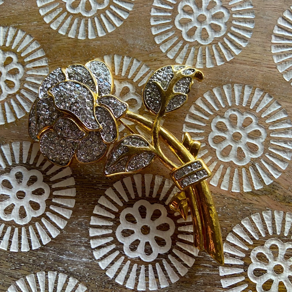 Rose Brooch, Nolan Miller Rose Brooch, Large Crystal Rose Brooch